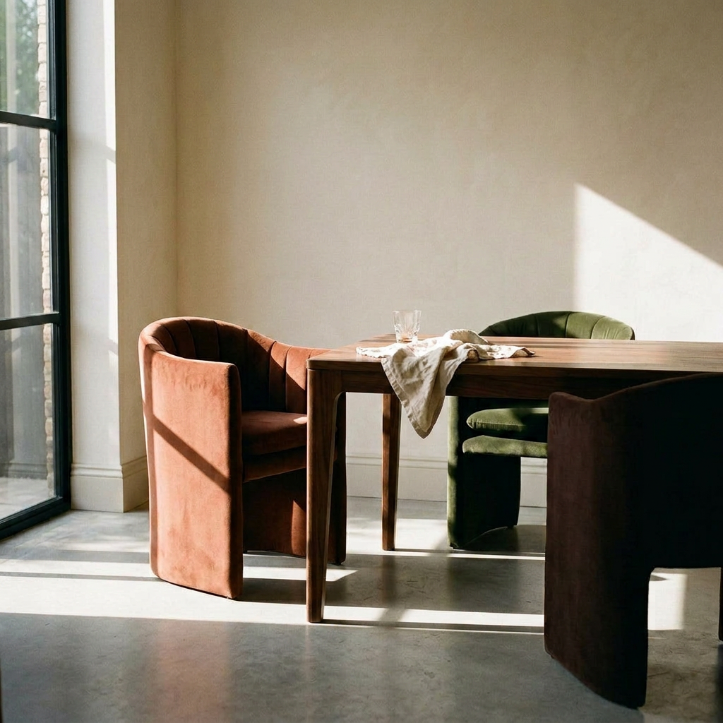 MANTA Esszimmerstühle in Rostbraun, Dunkelbraun und Oliv an einem Nussbaumtisch – Lorenz Laurent Home