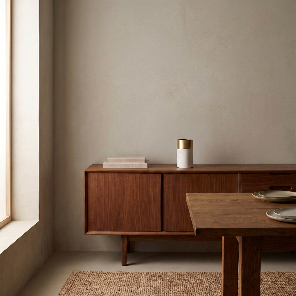 NERVA Vase aus Marmor und Messing auf einem Nussbaum-Sideboard – Lorenz Laurent Home