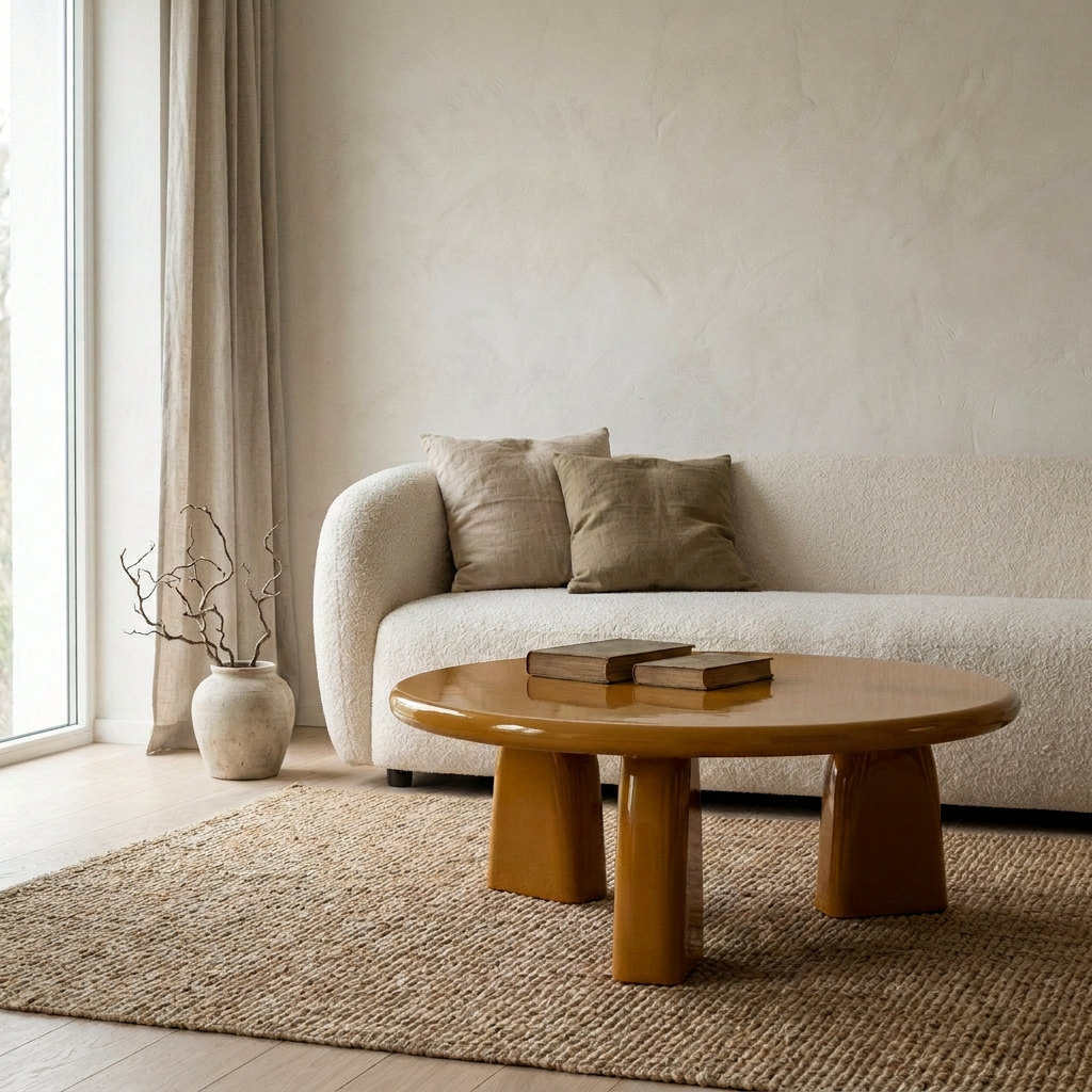 OCRA Couchtisch vor heller Kalkputzwand auf einem Juteteppich – Lorenz Laurent Home