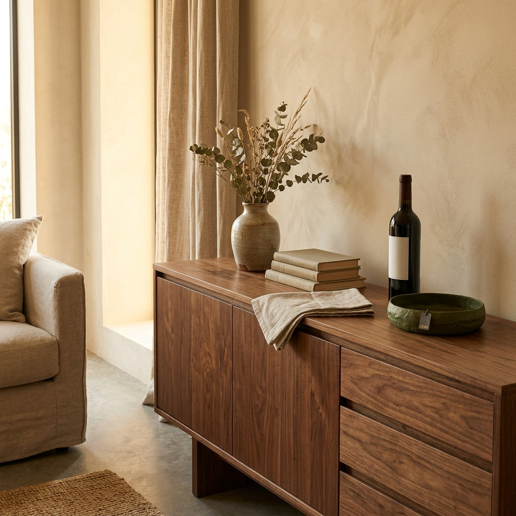 Lorenz Laurent – OOhh Pulp Tablett aus Papier auf einem Nussbaum-Sideboard im Wohnraum