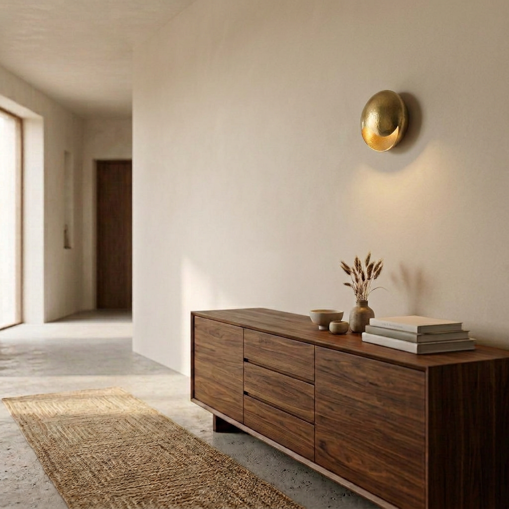PATAN Wandleuchte über einem Nussbaum-Sideboard im Flur – Lorenz Laurent Home