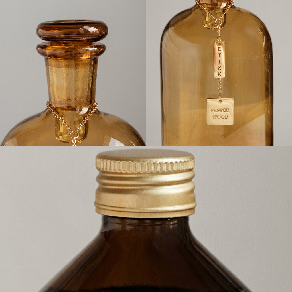 Lorenz Laurent – PEPE Raumduft im Detail, Glasstopfen, vergoldeter Anhänger und Schraubdeckel