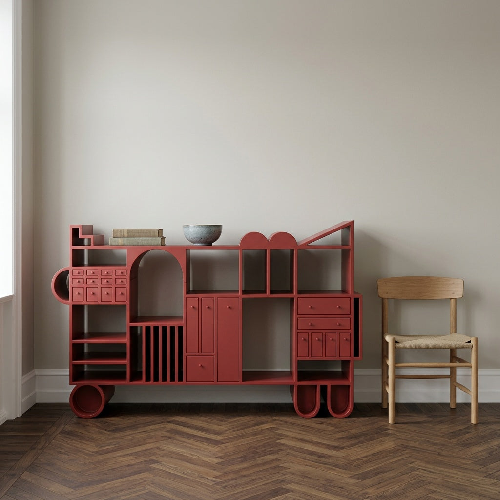 Lorenz Laurent – PIAZZA Sideboard an einer hellen Wand im Esszimmer neben einem Holzstuhl
