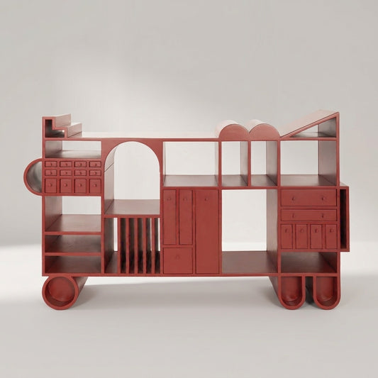 Lorenz Laurent – PIAZZA Sideboard in tiefem Rot mit Schubladen, Rundbogen und offenen Fächern