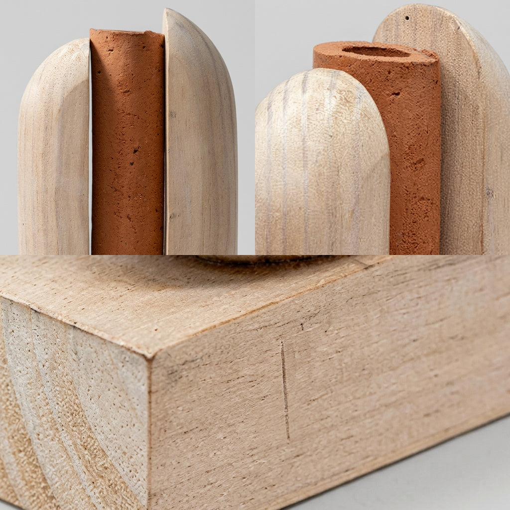 Lorenz Laurent – PORTA Vase im Detail, Terrakotta-Röhre im Holzbogen und Sockelkante