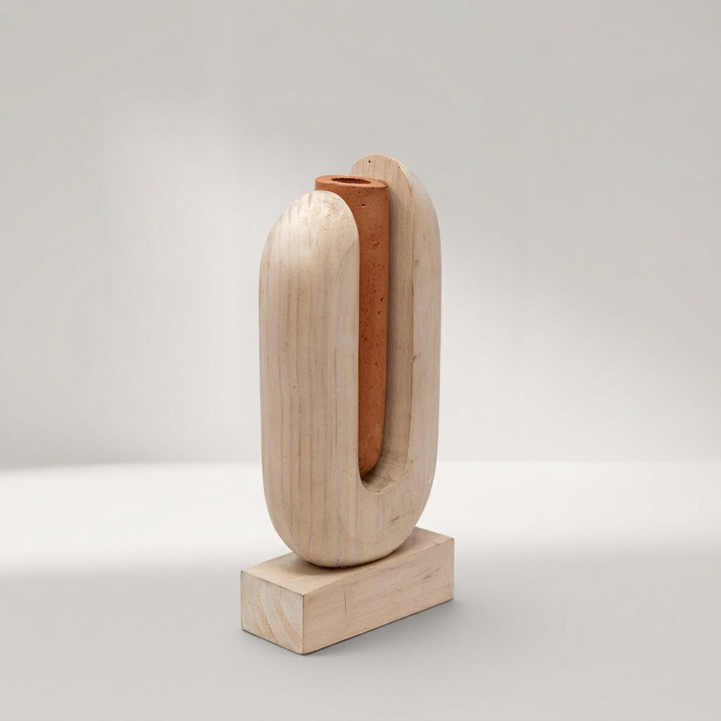 Lorenz Laurent – PORTA Vase aus hellem Holz mit Terrakotta-Röhre auf flachem Sockel