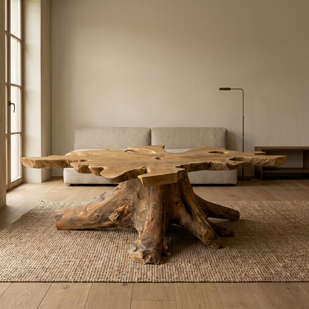 RADIX Couchtisch auf einem Juteteppich vor Kalkputzwand – Lorenz Laurent Home