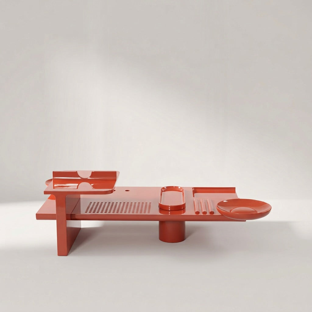 Lorenz Laurent – RILIEVO Couchtisch aus rot lackiertem MDF mit Schale, Rillen, Mulde und erhöhter Ablage