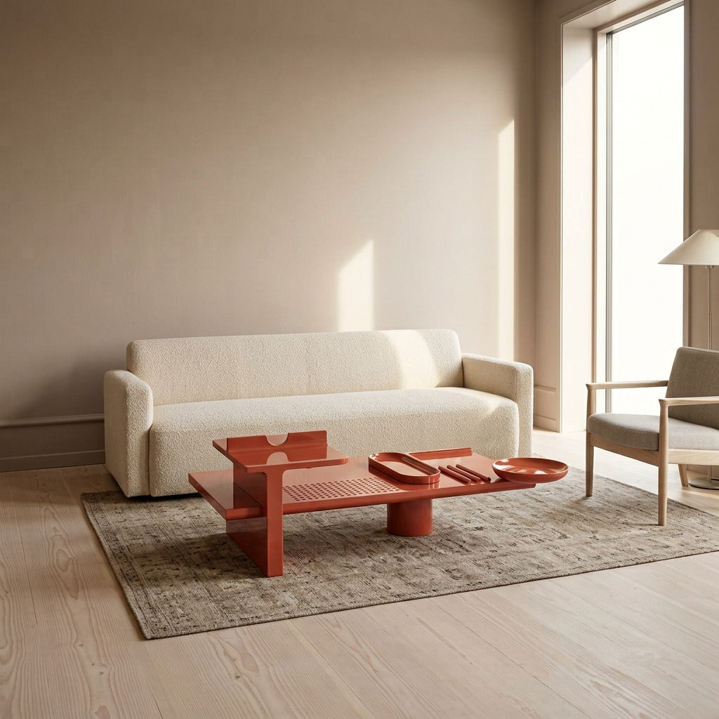 Lorenz Laurent – RILIEVO Couchtisch in Rot auf einem Wollteppich vor einem hellen Bouclé-Sofa