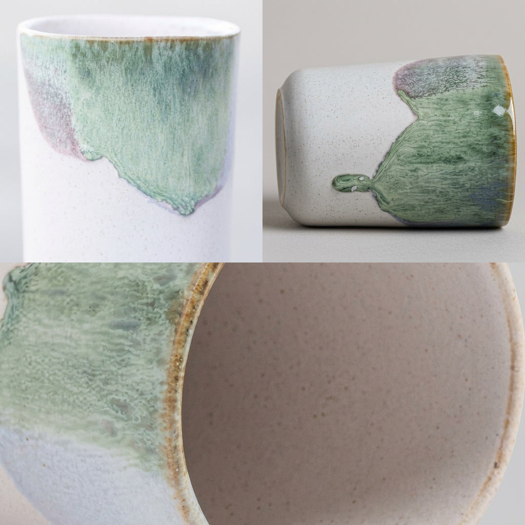 Lorenz Laurent – RIO Tasse im Detail: Glasurkante auf Steinzeug, Glasurtropfen und Rand mit Innenseite