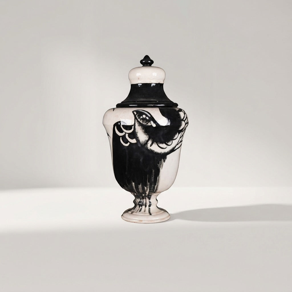 Lorenz Laurent – RONDINE Vase, Deckelvase aus weiß glasierter Keramik mit schwarz gemalter Schwalbe