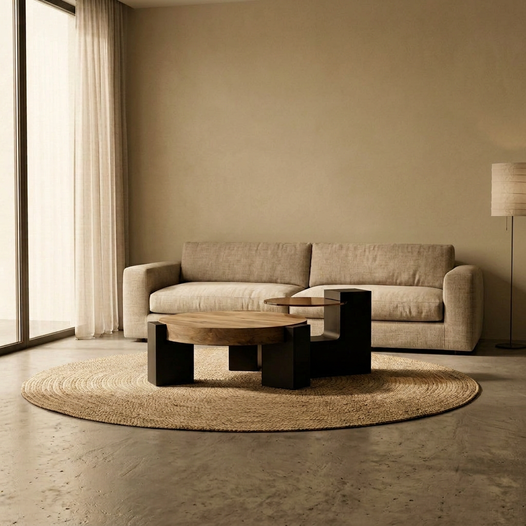 SEPIA Couchtisch-Set vor einem Leinensofa auf einem Juteteppich – Lorenz Laurent Home