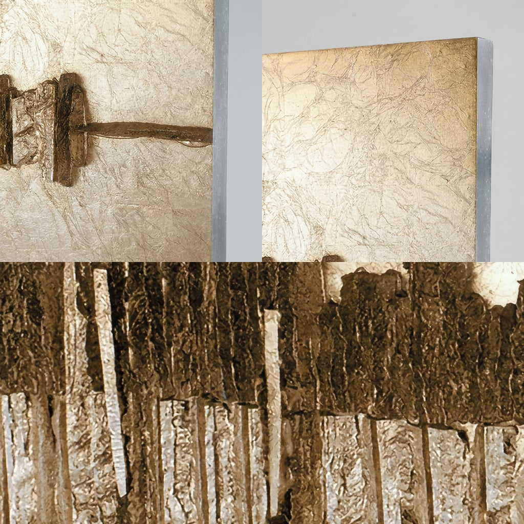 Lorenz Laurent – SONAR Wandbild im Detail, Linie am silbernen Rand, Ecke mit geknittertem Grund und erhabene Stäbe