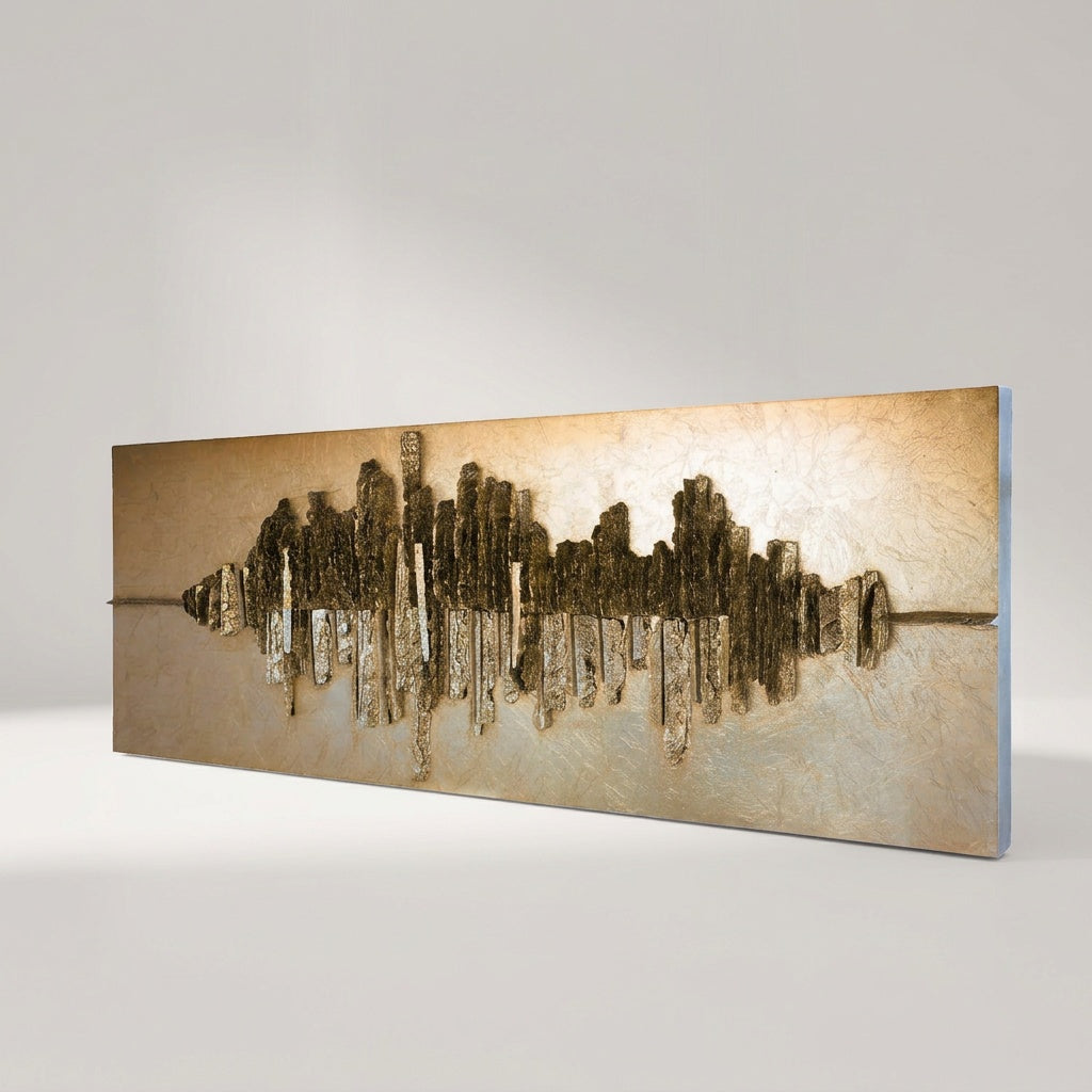 Lorenz Laurent – SONAR Wandbild als Relief aus Holz und Kunstharz, dunkle und silberne Stäbe auf champagnerfarbenem Grund