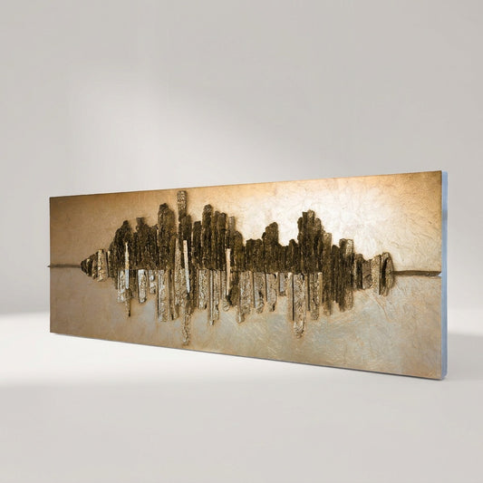 Lorenz Laurent – SONAR Wandbild als Relief aus Holz und Kunstharz, dunkle und silberne Stäbe auf champagnerfarbenem Grund