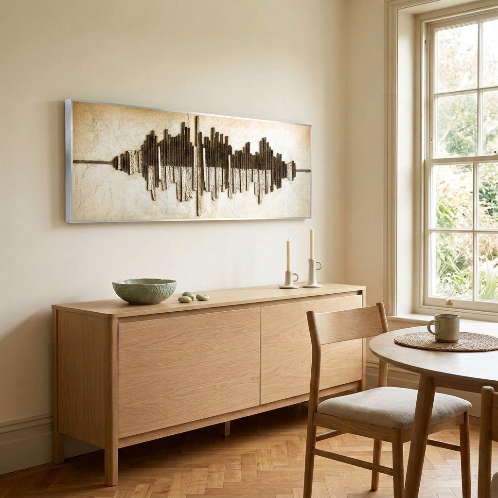 Lorenz Laurent – SONAR Wandbild über einem Sideboard aus hellem Holz in einem Esszimmer mit Fischgrätparkett
