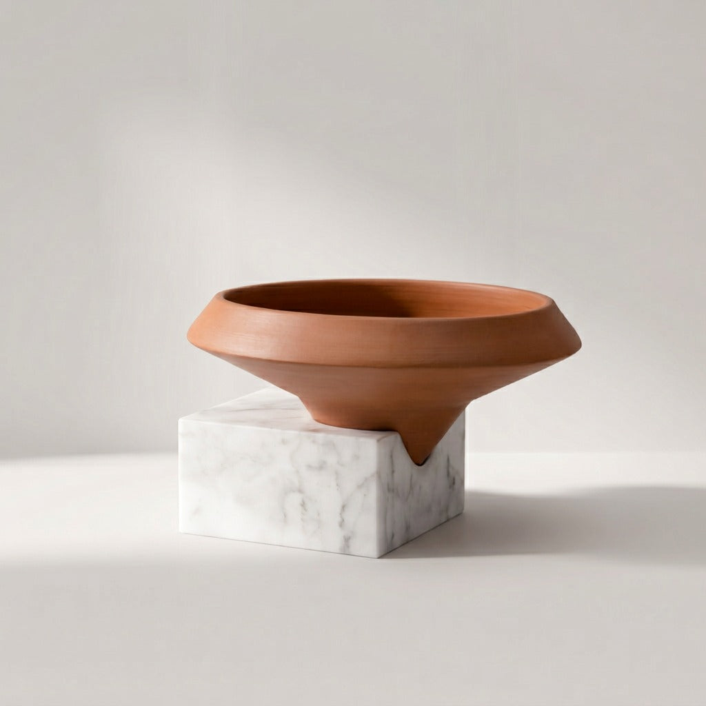 Lorenz Laurent – STRATO Vase, Terrakotta-Schale auf weißem Carrara-Marmorblock