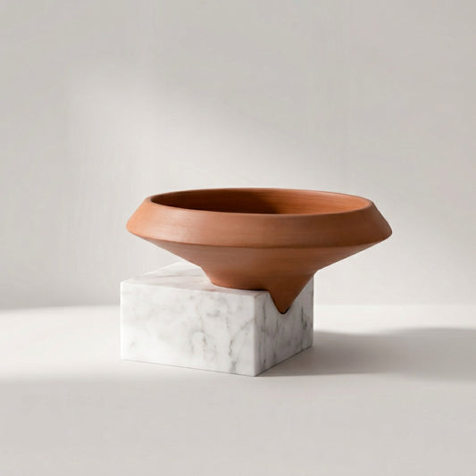 Lorenz Laurent – STRATO Vase, Terrakotta-Schale auf weißem Carrara-Marmorblock