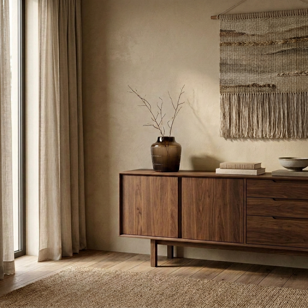 STRIA Vase auf einem Nussbaum-Sideboard vor Kalkputzwand – Lorenz Laurent Home
