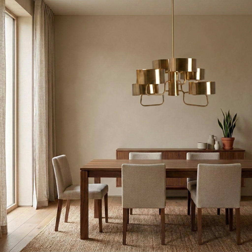 TAMBOUR Pendelleuchte über einem Nussbaum-Esstisch – Lorenz Laurent Home