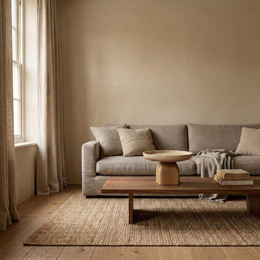 TAZZA Schale auf einem Nussbaum-Couchtisch vor Kalkputzwand – Lorenz Laurent Home