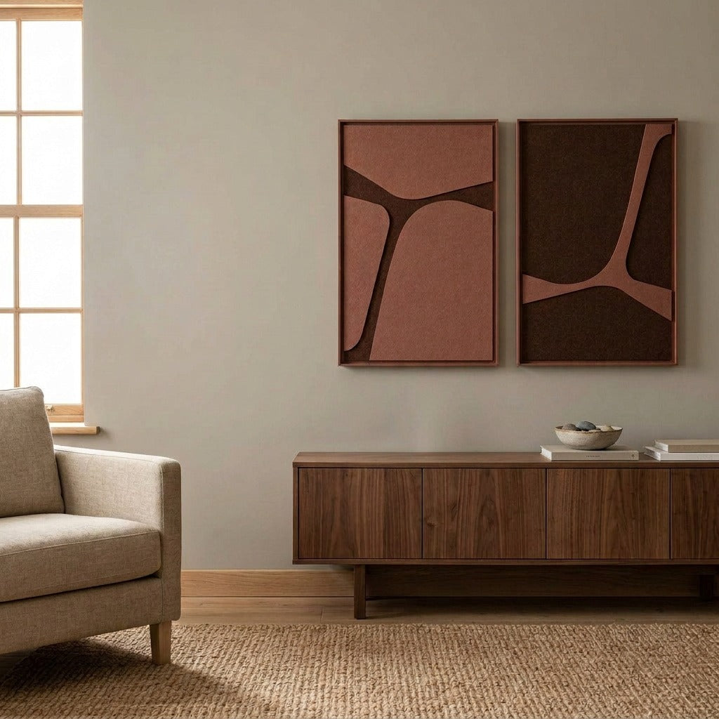 Lorenz Laurent – TOPO Akustikpaneel-Set an einer hellen Wand über einem Sideboard im Wohnraum