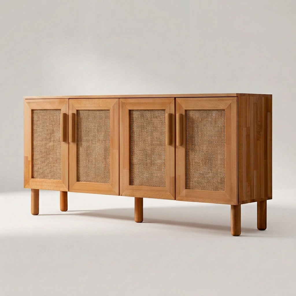 Lorenz Laurent – TRAMA Sideboard aus Buche mit vier Türen und Geflechtfüllung auf runden Beinen