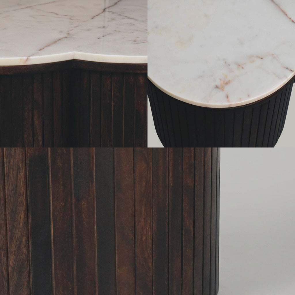 Lorenz Laurent – TREVO Couchtisch im Detail, Marmorkante, rötliche Aderung und gerilltes Mangoholz