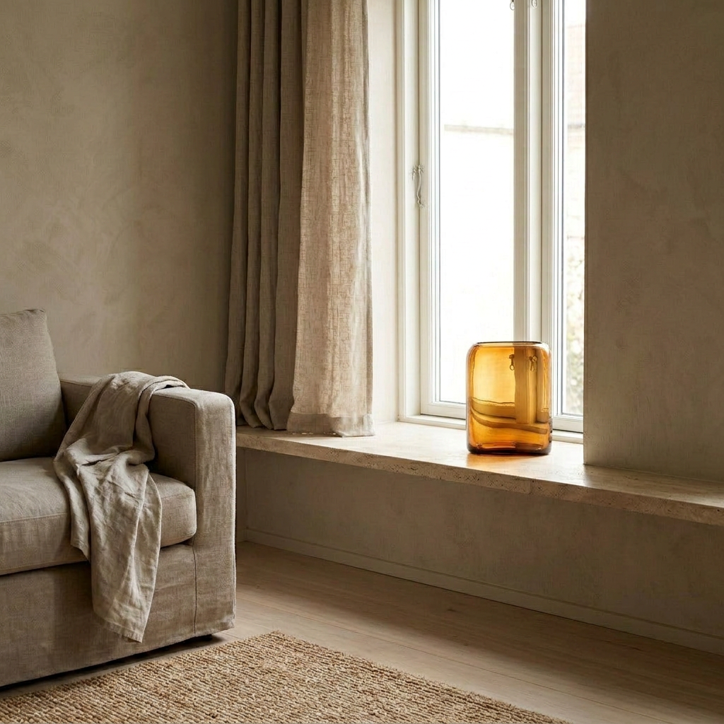VELUM Vase auf einer Travertin-Fensterbank im Gegenlicht – Lorenz Laurent Home