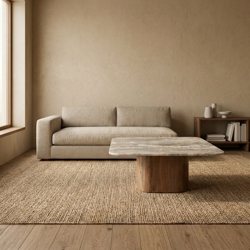 VENA Couchtisch auf einem Juteteppich vor einem Leinensofa – Lorenz Laurent Home