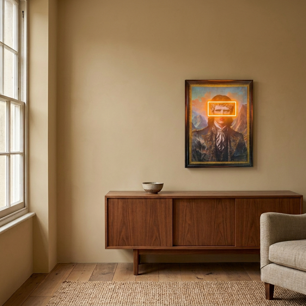 VISIER Wandbild über einem Nussbaum-Sideboard vor Kalkputzwand – Lorenz Laurent Home
