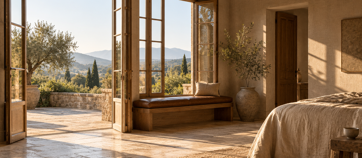 Schlafzimmer mit offenen Flügeltüren zu einer Landschaft mit Olivenbäumen