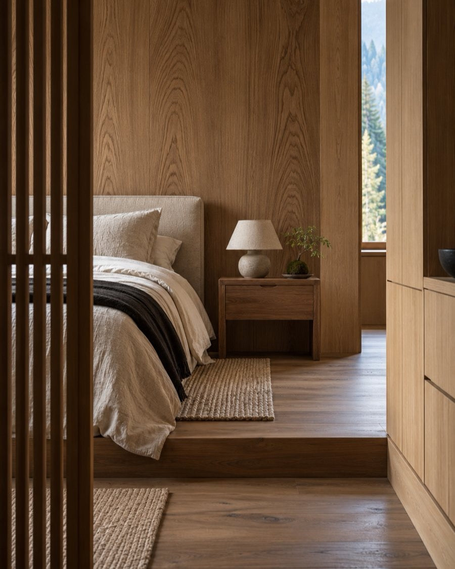 Schlafzimmer mit Holzwänden, Bett mit Leinenwäsche, Nachttisch und Tischleuchte