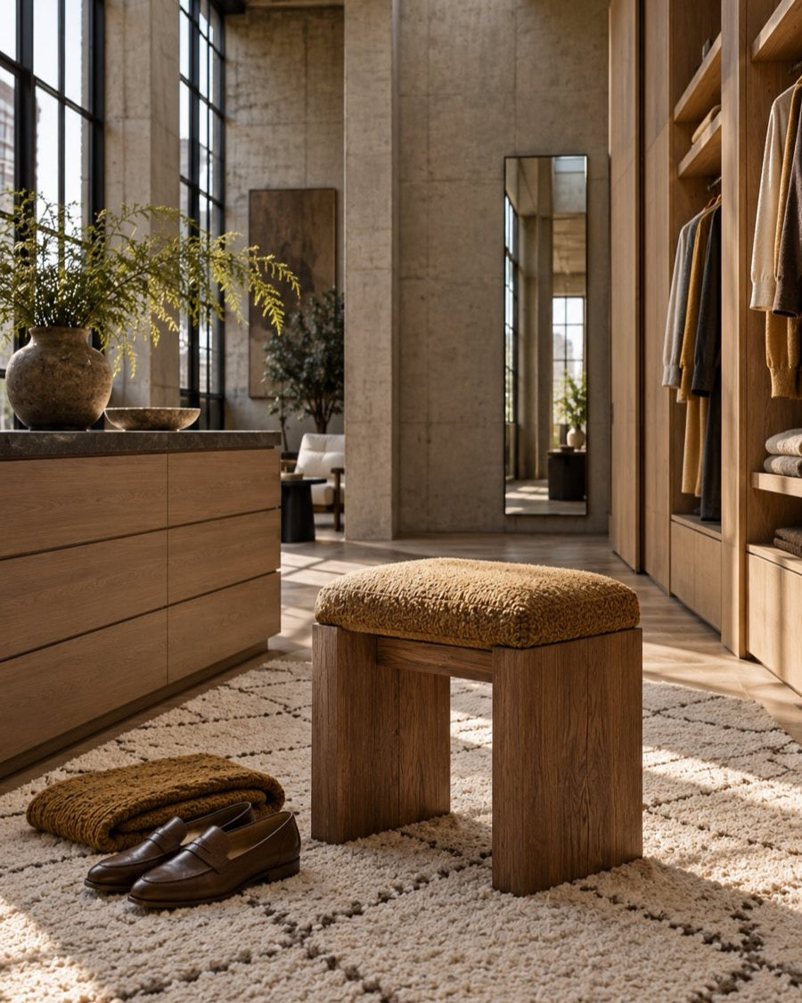 Ankleidezimmer mit Holzschränken, Kommode und gepolstertem Holzhocker auf einem Berberteppich