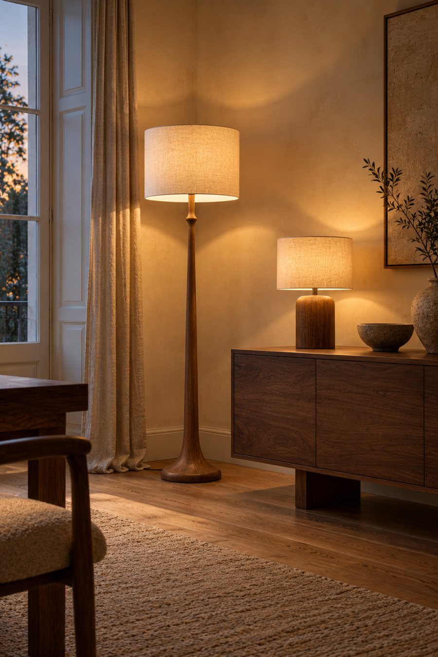 Stehleuchte und Tischleuchte mit Stoffschirm über einem Sideboard aus Holz am Abend