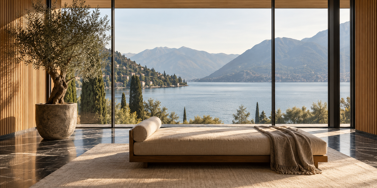 Raum mit Blick auf See und Berge, Daybed mit Leinenpolster und Decke, Olivenbaum im Kübel